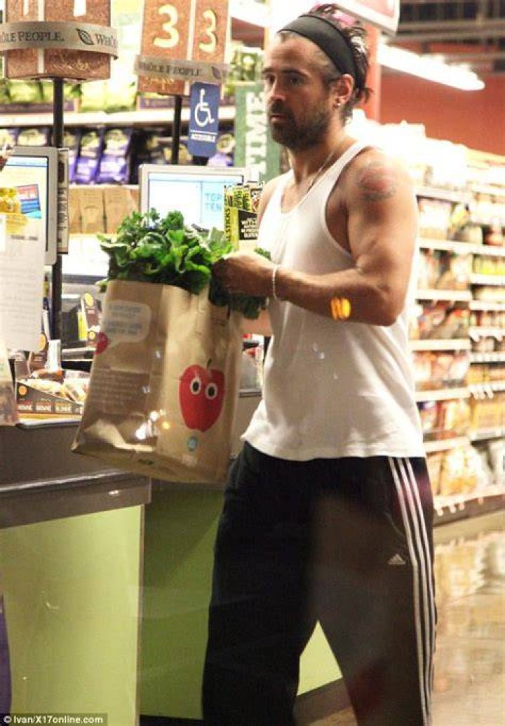 Colin Farrell shops for organic lettuce at Whole Foods while sporting